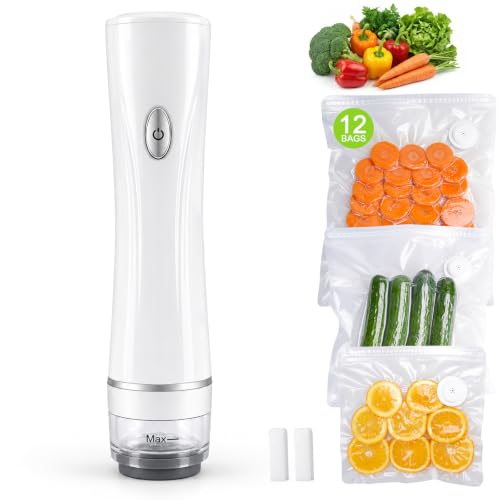 Handheld Vacuum Sealer for Food with 12 Reusable Bags – 3 Sizes Included, Powerful Portable Sealer Machine, Dry/Moist Modes, One-Hand Lock, Meal Saver for Meat, Snacks & Sous Vide. Vacuum Sealer + 12 Bags white