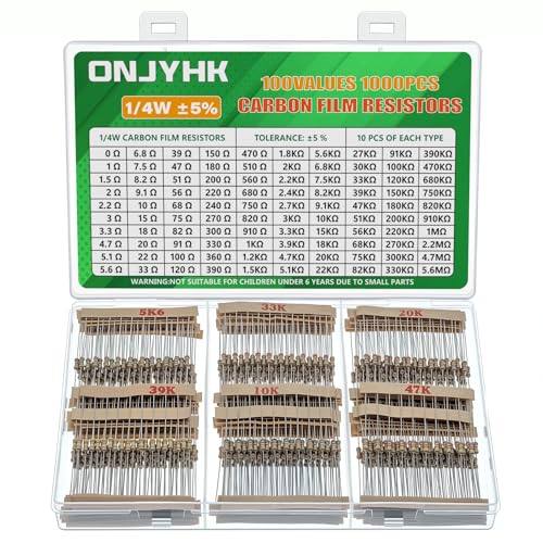 100 Values 1000 Pieces Resistors Set 1/4 W Carbon Film Resistance Assortment 0 Ohm to 5.6 m Ohm 1/4 Watt 5% Carbon Film Resistor Kit 1/4W 5%