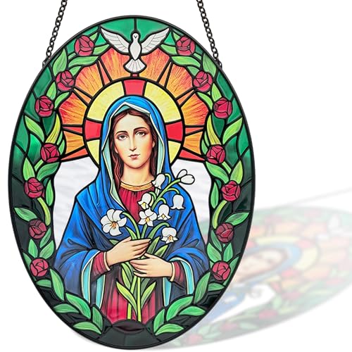 Stained Glass Window Hanging, Virgin Mary Sun Catchers Indoor Window Decor, 8.8 Inch Oval Suncatcher, Christmas Decorations, Christian Gifts for Women, Catholic Gifts for Women