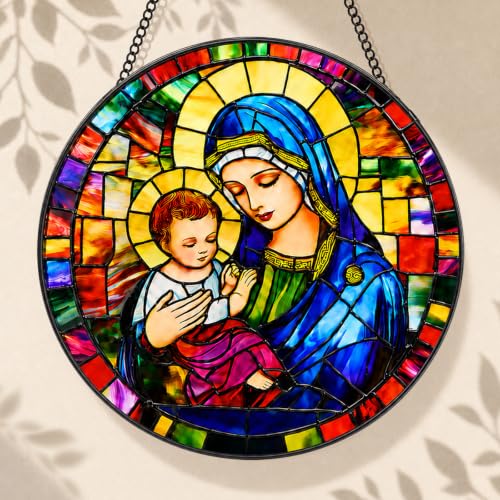 Allinside 7.8 Inch Stained Glass Window Hanging, Virgin Mary Suncatcher