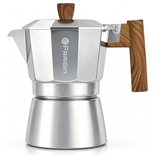Stovetop Espresso Moka Pot Coffee Maker, Non-slip Wood Grain Handle, Cast Aluminum, Compatible with Gas, and Electric Stoves (Silver, 3 cups) Silver 3 Cup-5 OZ/150 ml