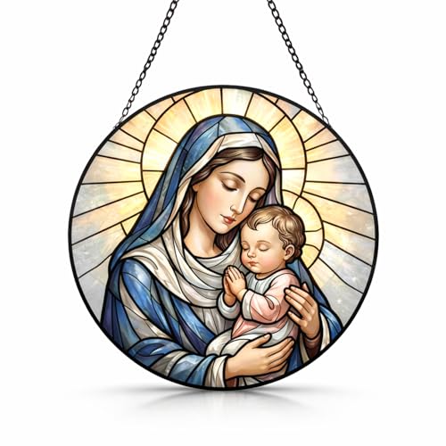 Madonna and Child Stained Glass Suncatcher Window Hanging, 7.8" Catholic Faith Gift for Mom Grandma Women, Religious Decor for Window, Prayer Room, Sunroom, Office