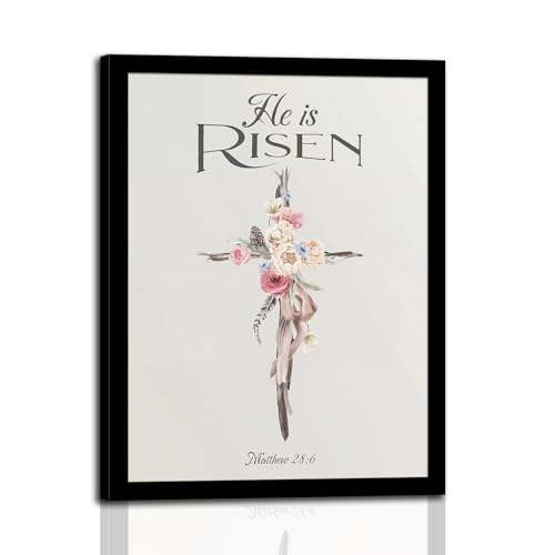 Christian Wall Art He Is Risen, Floral Cross Bible Verse Canvas Print 12"L x 16"W