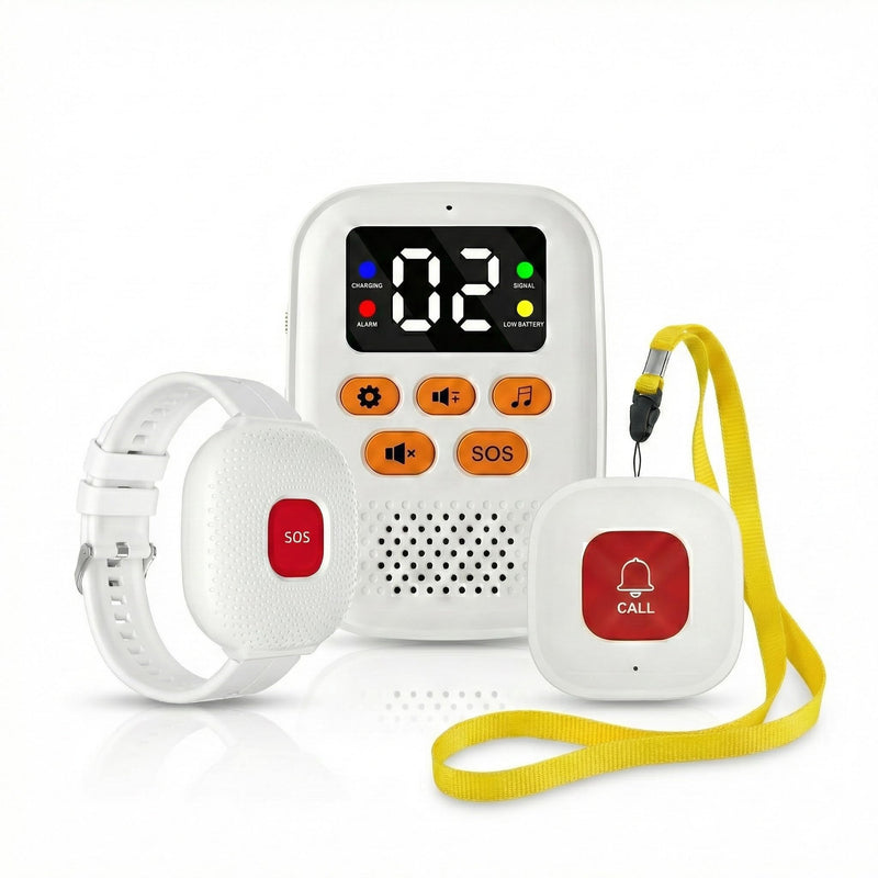[Australia - AusPower] - PILSAMAS Emergency Call Button for Elderly at Home, Medical Alert Wristband and Necklace Set, Rechargeable Caregiver Pager with Digital ID Display, Waterproof Emergency Alert Button for Seniors, 500ft 1 Pager + Watch & Pendant White 
