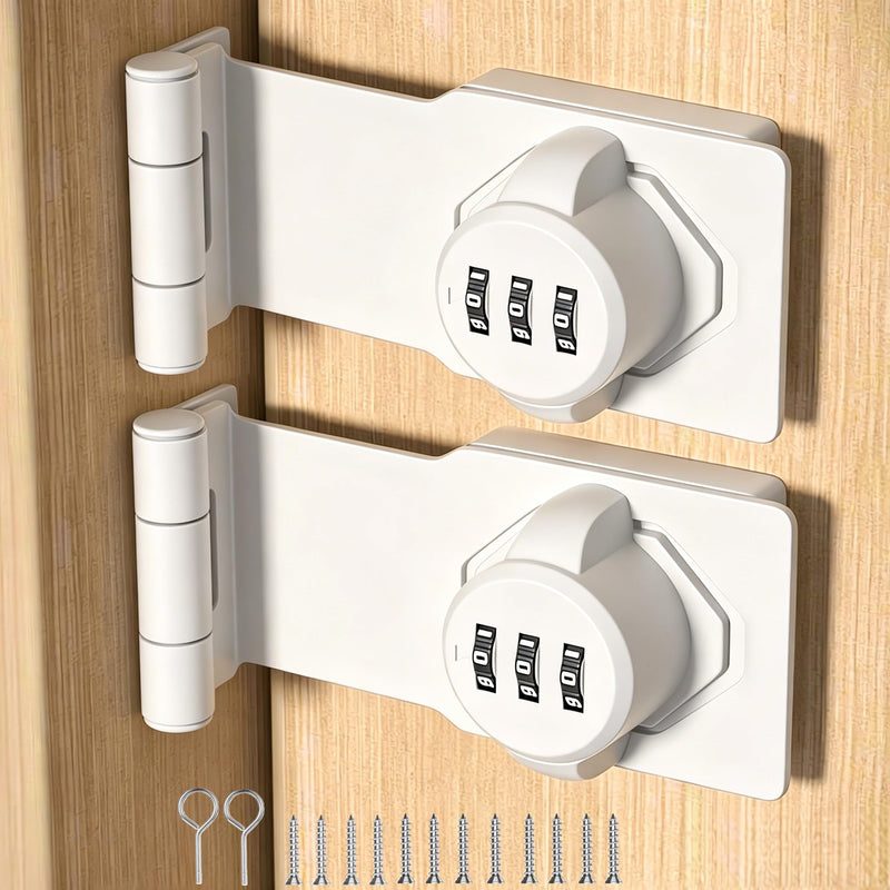 90 Degree Door Password Hasp Latch Lock- White Keyless Sliding Closet Lock Safety Right Angle Hasp Lock Barn Door Lock and Latch for Shed, Cabinet, Gate, Bedroom, Fence, Garden, Backyard Door 2 PCS White 2 Pack