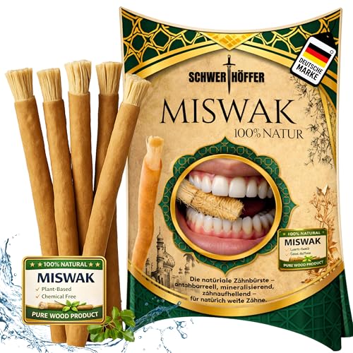 100% Miswak Toothbrush (Pack of 5) - Natural Miswaks without Fluoride - Miswakstick Siwak for White Teeth & Oral Care Includes Bag