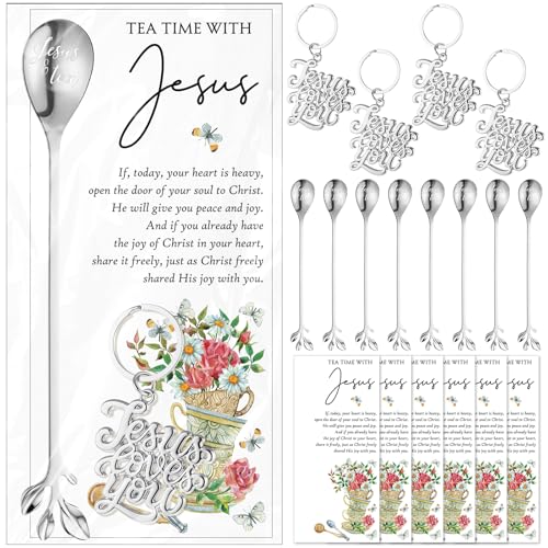 24 Sets Christian Tea Party Favors for Women 6.5" Jesus Teaspoons with Prayer Cards Jesus Loves You Keychains Family Reunion Gifts Christian Gifts for Church Events Tea Party (Silver) 24 Silver
