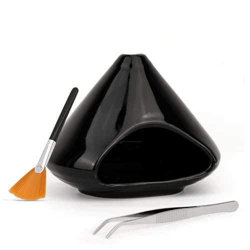 Ceramic Palo Santo Holder Incense Burner Ash Catcher - Modern Chiminea Smudge Bowl for Sage and Wood Sticks - Meditation Energy Cleansing Yoga Gifts for Home Decor Glossy Black