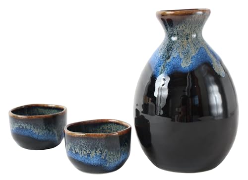 Mino ware Japanese Ceramics Sake Set (1 Bottle & 2 Cups) Tokkuri Carafe & Sakazuki Ochoko made in Japan (Japan Import) KZG001 (Black & Gold) Black & Gold