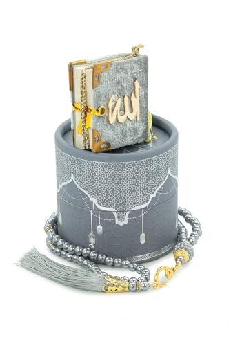 ihvan online Mini Quran & Tesbih Gift Set with Cylinder Box – 99 Pearl Muslim Prayer Beads, Misbaha Tasbeeh Sibha Mala – Islamic Ramadan, Eid & Mawlid Gift for Men & Women, Gray