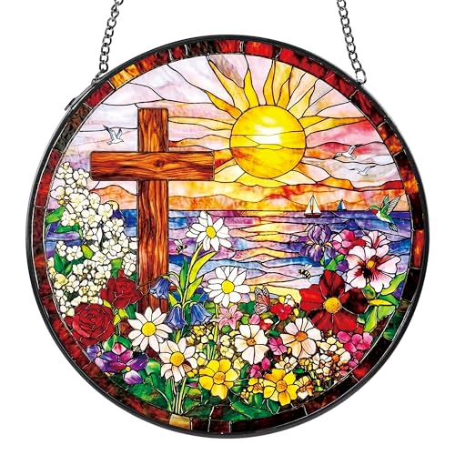 Christian Cross Sunset Ocean Stained Glass Suncatcher, 8 Inch Cross Ocean Sunset