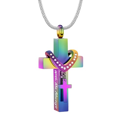 Cross Urn Necklace for Ashes Cremation Jewelry for Women Men Stainless Steel Pendant Memorial Ash Holder Loved Ones Keepsake - With Me Always Colorful-With Me Always