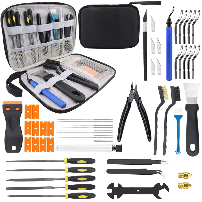 3D Printer Tools Kit, 55pcs 3D Printer Accessories for All FDM/SLA Printers Includes Nozzle Cleaning Tools, Removal Scrapers, Finishing Tools, 5 Types of Files,Brushes, Wire Cutter, Engraving Knife