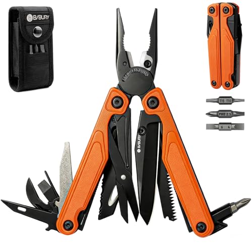 BIBURY 9oz lightweight multitool with orange G10 handle and one-hand opening pocket knife
