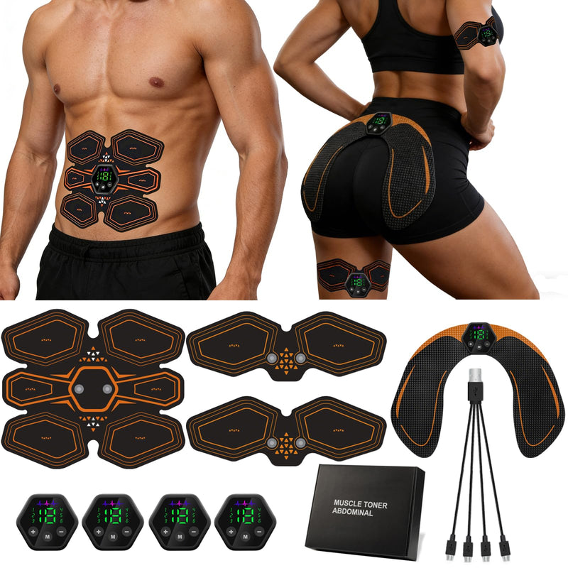 Professional Ab Stimulator Belt - 4 Pcs Portable Muscle Toner for Abdomen, Waist & Core Workout, Rechargeable Electric Massager with 4 Controllers and 1 Usb Charging Cable for Leg, Arm & Hip Fitness