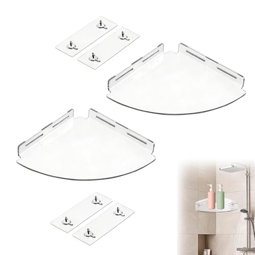 Two acrylic shower caddy corner shelves for bathroom storage, no drilling needed, by MOSIOBERDAVIAN.