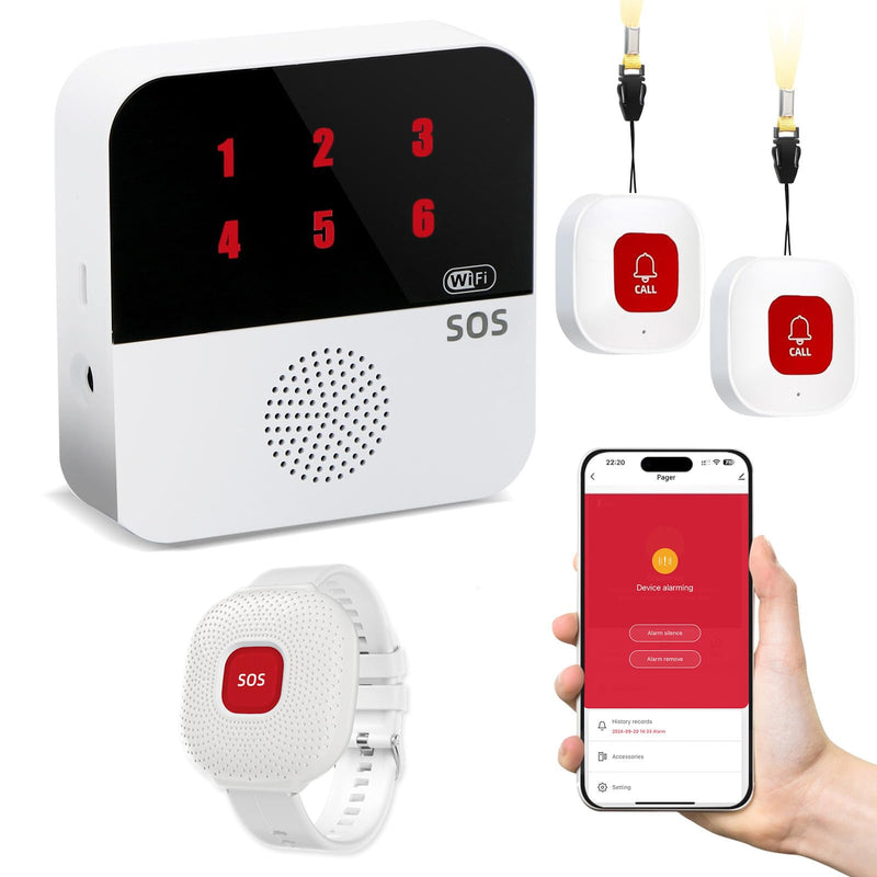Life Alert Systems for Seniors No Monthly Fee, App-Controlled Caregiver Pager, 1–6 LED Number Reminder Function 1Waterproof Wrist Remote 2Call Button 1Receiver(Only Supports 2.4GHz Wi-Fi) 2 neckband remotes + 1 wristband+ 1 receiver