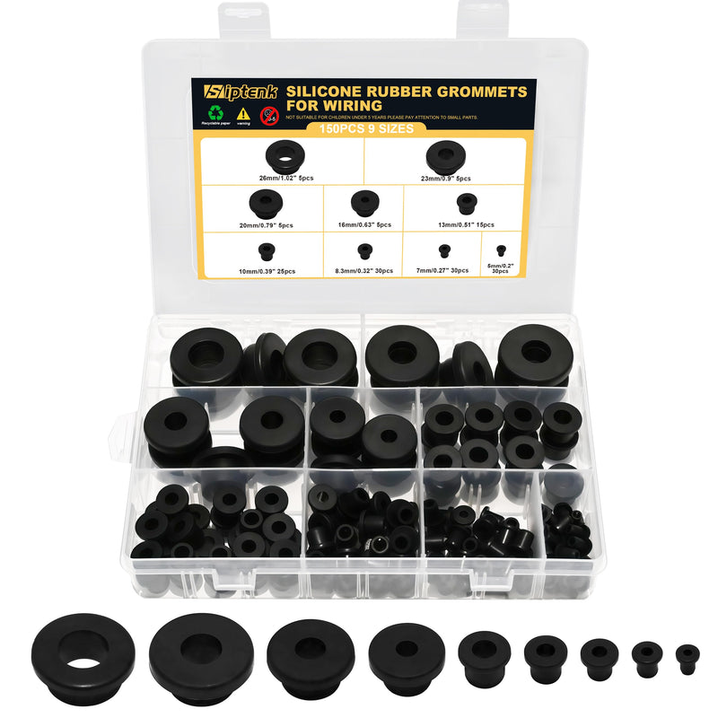 150PCS Silicone Rubber Grommets Kit, 9 Size Black Round Hole Rubber Wire Grommets for Wiring Automotive Rubber Cable Bushing Firewall Hole Plug, Drain Holes in Hydroponic and Irrigation Systems