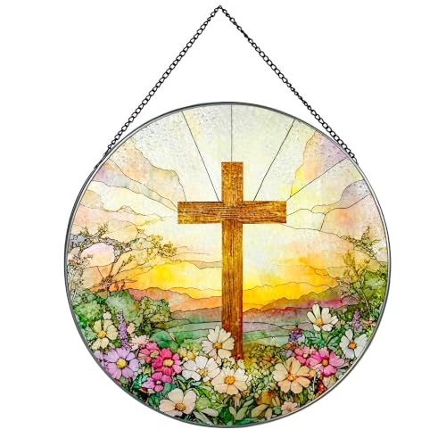 MAYNA Christian Cross Stained Glass Suncatcher, Wildflower Sun Catchers