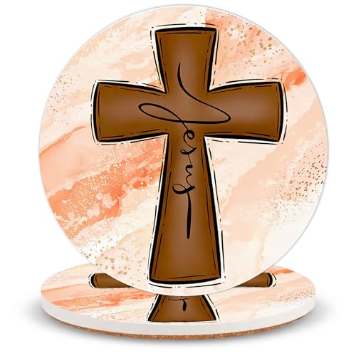 Cross Ceramic Coasters of 2 with Cork Backing Absorbent Cup Coaster Cross