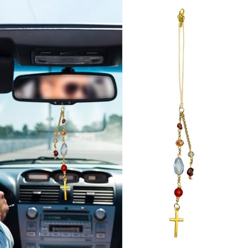 Car Mirror Hanging Ornament with Cross Design & White Crystals - Universal Rear View Mirror Charm for Christmas Decor, New Driver Gift, and Christian Gifts for Women & Men(Red) Red