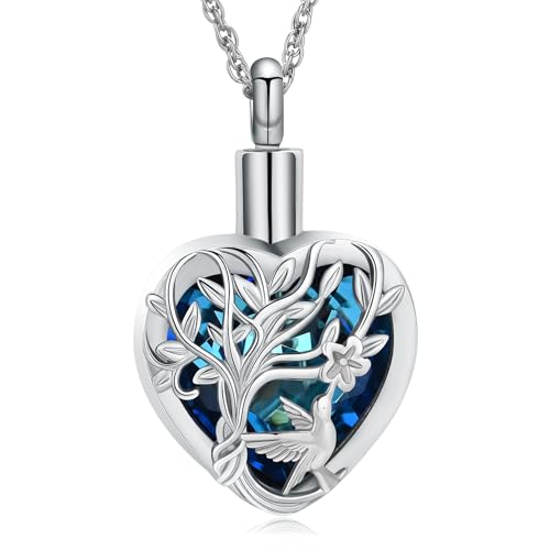 shajwo Hummingbird Cremation Jewelry Heart Urn Necklace for Ashes Silver+blue