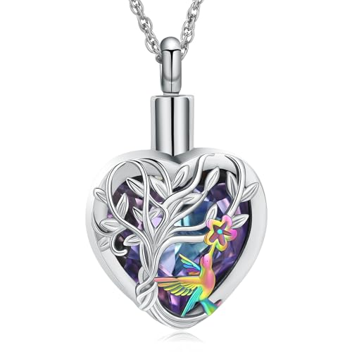 shajwo Hummingbird Cremation Jewelry Heart Urn Necklace for Ashes Purple+rainbow