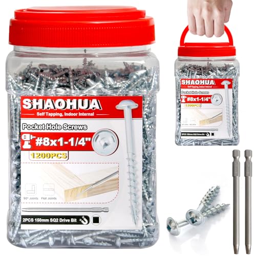 1200 Pcs #8 1-1/4" Pocket Hole Screws, Coarse Thread for Furniture, Cabinets, Compatible with Kreg Jig, Zinc Plated Pocket Screws for Indoor Use, Portable Handheld Box w/ SQ2 Square Drive Bit A. #8 1-1/4"