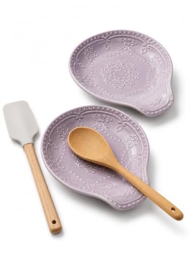 Lavender Purple Ceramic Spoon Rest for Kitchen Counter, 5.7" Floral Butterfly Embossed Spoon Holder for Stovetop, Dishwasher Safe Heat Resistant Utensil Rest, Farmhouse Kitchen Decor Gift, 2 Pcs