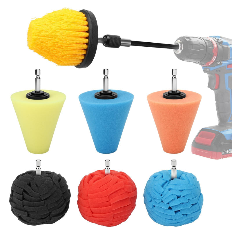 Linkstyle 8Pcs Drill Polishing Pads Kit, Foam Polishing Cone & Ball Set with Extension Holder & Brush, 1/4" Hex Drill Attachment for Car Wheel Hub Rim Metal Cone & Ball_8PCS