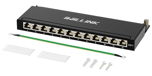 iwillink Cat7 Patch Panel 12 Port - 0.5U - Wall Mounting/Desktop - RJ45 Sockets - LSA Distribution Panel - 10Gbps Gigabit - 600MHz - STP Shielded - Black | Wall mounting/desktop, RJ45 sockets, STP shielded, LSA distribution panel