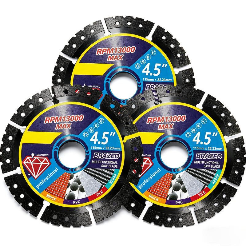 [Australia - AusPower] - 4.5" Diamond Multi-Purpose Saw Blade Set: Heavy-Duty Angle Grinder Wheels, Angle Grinder Attachments, Diamond Abrasive for High Durability, Suitable for Cutting Marble/Tiles/Metal (3 Pcs) 