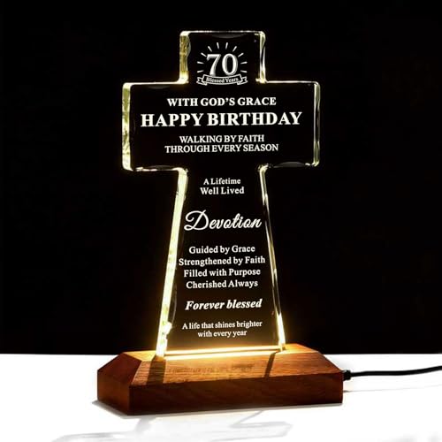 70th Birthday Gifts for Women Men, Lighted K9 Crystal Cross with Wooden Base, Christian Birthday Gift for Mom Dad Grandma Grandpa, Religious Faith Keepsake Decor, 70 Blessed Years 70th Birthday Gifts with Light Base