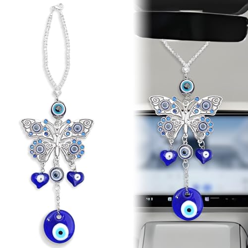 Evil Eye Car Hanging Ornament, Beaded Decor for Auto Rearview Mirror Decoration, Car Evil Blue Eye Charms, Amulet for Protection & Blessing (Butterfly) Butterfly