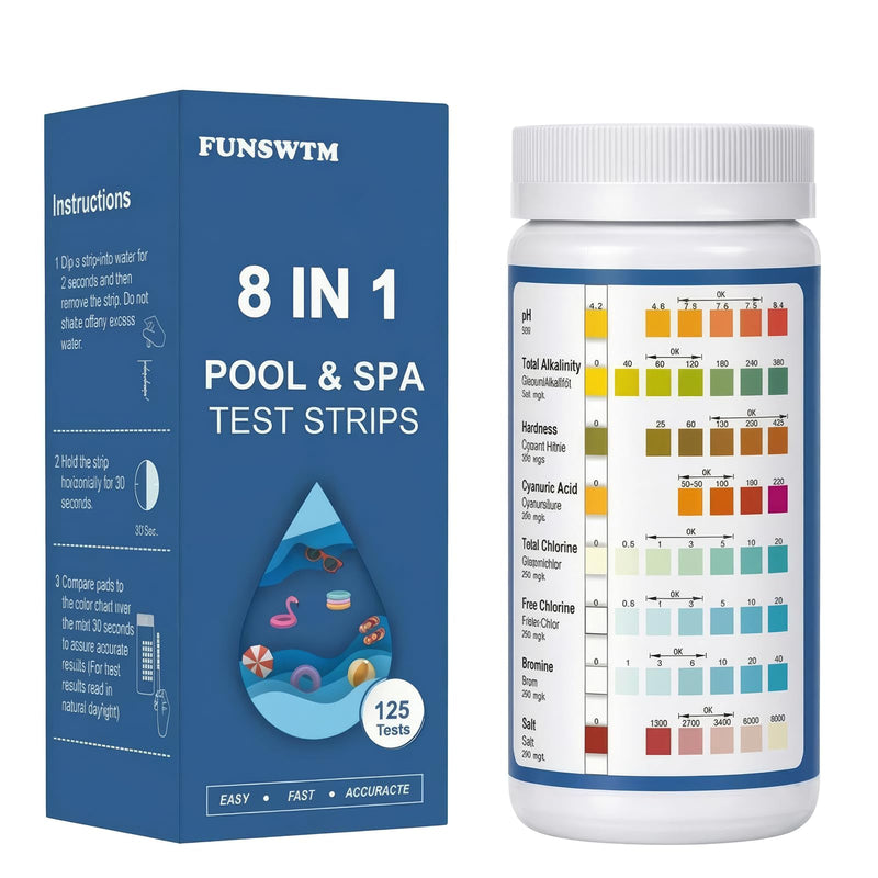 [Australia - AusPower] - 2026 New 8 in 1 Pool Salt Test Strips: 125 Strips Salt Water Pool Testing Kit for Freshwater and Saltwater Pool, Hot Tub Spa -Easy to Testing for Salt, pH, Chlorine, Bromine, Alkalinity, Hardness, CYA 8IN1-125PCS 