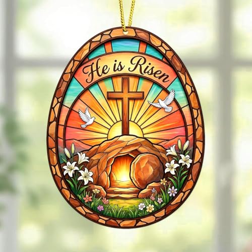 Easter Egg Ornament for Tree Decorations - He is Risen Cross Easter Decor - Religious Gifts for Women Men Kids, Catholic Gifts, Stained Glass Egg Ornament and Easter Basket Stuffers 6499
