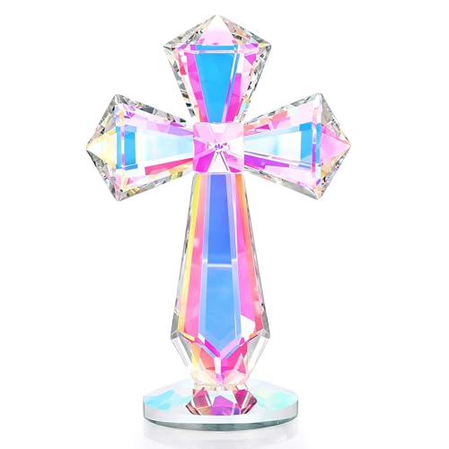 Crystal Cross Standing 6.1 Inch, Handmade Glass Cross Decor Christian Religious Gifts for Women Men Mother, Glass Collectible Figurines Baptism Confirmation Gifts Church Home Office Desk Decoration