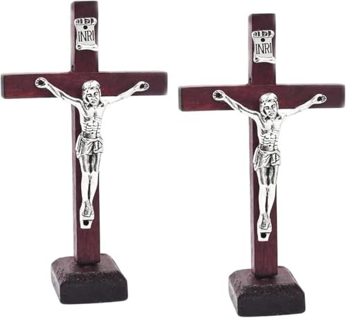 ydzqdxzz 2Pcs Wall and Table Wood Cross Crucifix, Crucifix Wall Cross Wooden Catholic Cross With Stand Religious Christian Standing Church Home Ornaments For Prayers