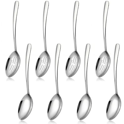 10.3-in Large Serving Spoons Set, 18/0 Stainless Steel, Heavy Duty, 4 Serving & 4 Slotted for Wedding Party Buffet Housewarming, Pack of 8