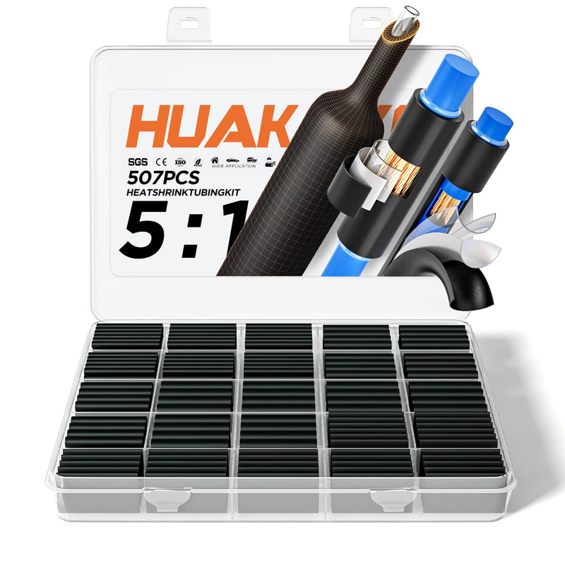 5:1 Heat Shrink Tubing Set 507 Pieces, PVDF Material Upgrade, IP68 Waterproof Heat Shrink Tubing Double Wall with Inner Adhesive, 7 Sizes for DIY & Marine Electrical Insulation Wire black 507 Stück