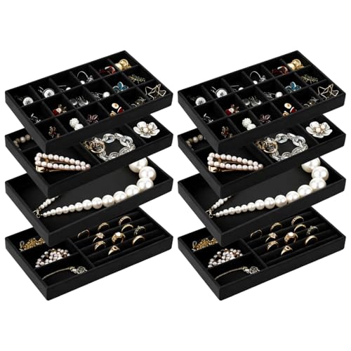 8 Pcs Jewelry Drawer Organizers, Velvet Jewelry Trays for Drawer, Stackable Jewelry Trays, Ideal for Rings, Earrings, Bracelets, Necklaces, Black