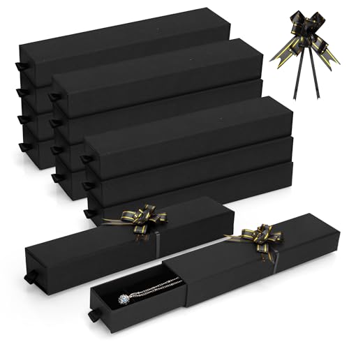 12-Pack Drawer Style Jewelry Gift Boxes with Sponge Insert, 8.7"x1.8"x1.2" Necklace & Bracelet Display Box for Presentation, Cardboard Storage Organizer for Pendant, Ring, Earring - Black