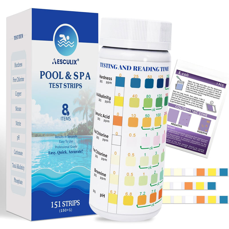 [Australia - AusPower] - 8-in-1 Pool Test Strips, 151 Strips Spa and Hot Tub Water Testing Kit, Pool Water Test Kit for Free Chlorine, Total Chlorine, Bromine, pH, Alkalinity, Hardness, Cyanuric Acid 