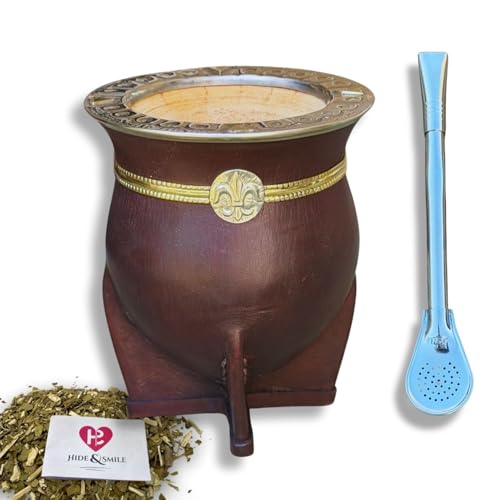 Hide & Smile Camionero Premium Handmade Mate Kit, pumpkin and leather Cup And Bombilla Set, Authentic Argentine Mate Gourd Tea, Includes Straw (brown) Brown