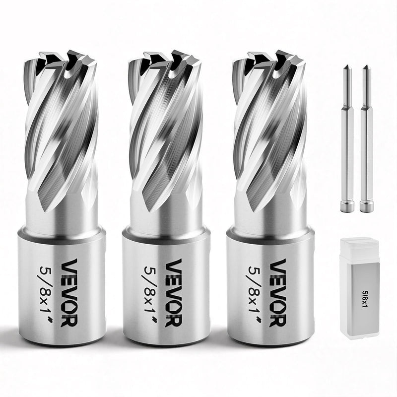 VEVOR Annular Cutter Set, 5 pcs Weldon Shank Mag Drill Bits Kit, 1" Cutting Depth, 5/8" Cutting Diameter, HSS, 3 Drill Bits with 2 Pilot Pins and 3 Plastic Cases, for Magnetic Drills, Steel, Aluminum (5/8" * 1")