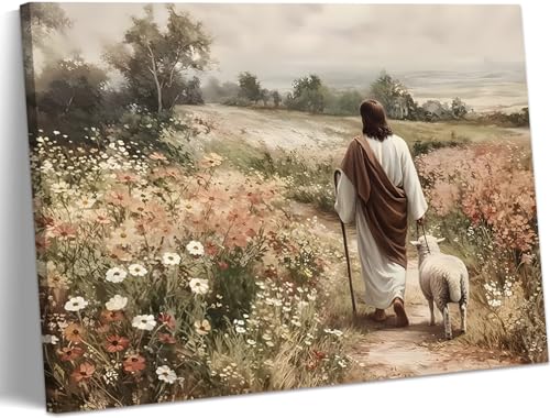 Jesus and Lamb Canvas Wall Art Christian Pictures Wall Decor God Catholic Painting The Lost Sheep Bible Stories Religious Spiritual Artwork for Church Bedroom Living Room Home Decor 12x16 in Framed Sheep and Jesus Wrapped Canvas 16"L x 12"W