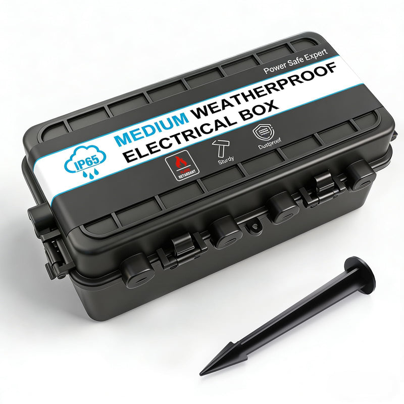 IP65 Waterproof Medium Outdoor Cable Box (26.3 x 13.5 x 9.8 cm), 6 Cable Entrance, Waterproof Connection Boxes with Ground Anchors for Power Strips, Timer Switches and Garden Decoration, Black