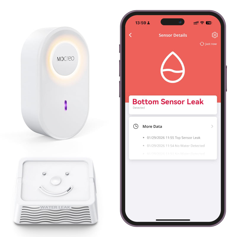 [Australia - AusPower] - MOCREO WiFi Water Leak Detector Kit, 2000ft Long Range, SMS App Email Alerts, 105dB Adjustable Alarm, Leak Severity Tracking, 5-Year Battery Life, IP67 Water Leak Sensor for Basement Kitchen Bathroom 