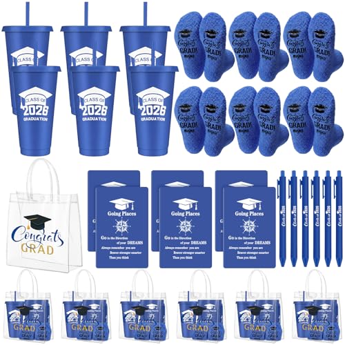 LemonRoad 30 Pcs Class of 2026 Blue Graduation Gift Bulk Congrats Grad PVC Gift Bag and Socks Plastic Tumblers with Lid and Straw Ballpoint Pens Inspirational Notepads Graduation Party Favors