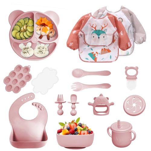 Silicone Baby Feeding Set, 14 Pcs Baby Led Weaning Supplies, Baby Spoons & Forks Suction Bowl Divided Plate Bib Cup, First Stage Solid Food Eating Utensils - 6+ Months (Light pink) Light Pink